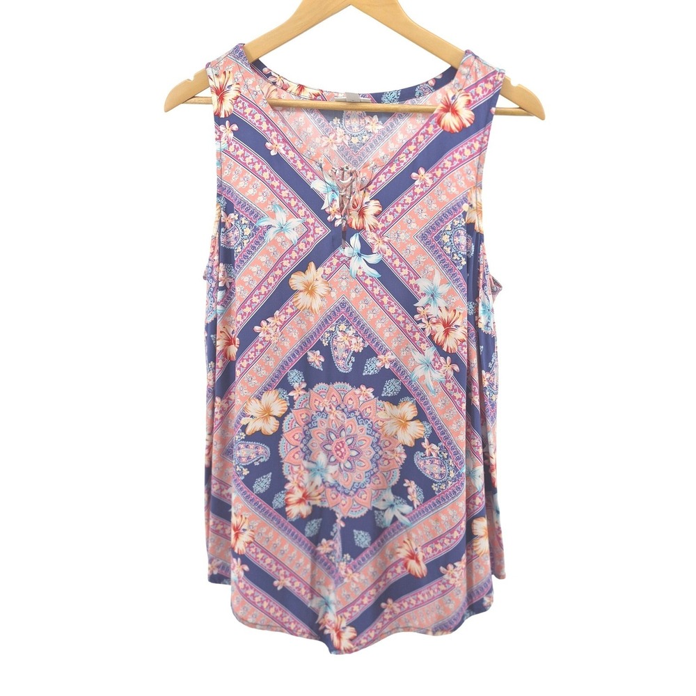 J. Jill Rayon Tank Top M Medium Purple Coral Mandala Floral Boho Lace Up Summer - Picture 2 of 12